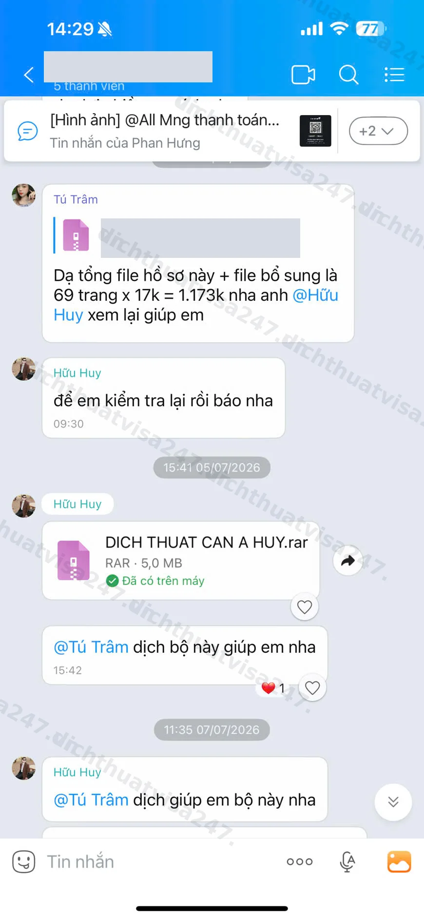 Ảnh minh hoạ quy trình làm việc thực tế qua Zalo với CTV/đại lý #1