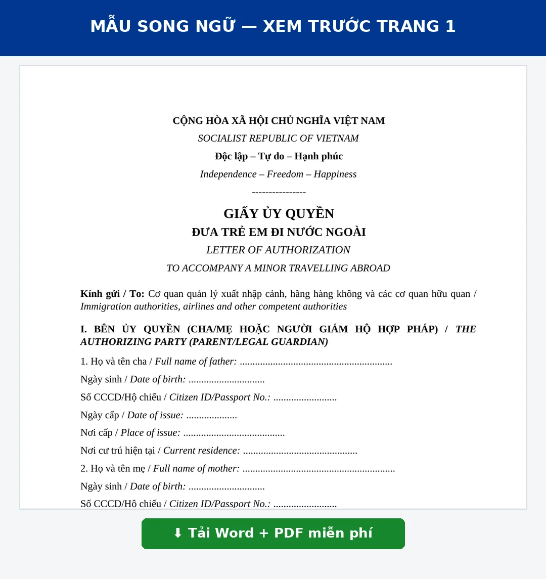 Mẫu giấy ủy quyền đưa trẻ em đi nước ngoài song ngữ Việt Anh, xem trước trang 1
