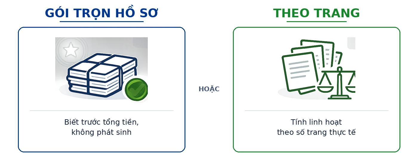So sánh gói trọn hồ sơ (biết trước tổng tiền, không phát sinh) và tính theo trang (linh hoạt theo số trang thực tế)